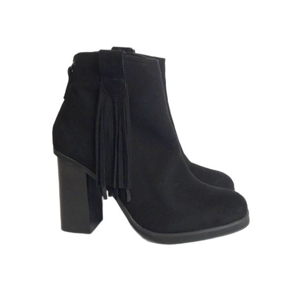 Black suede chunky ankle boots with fringe tassels made in Spain size 10 - Picture 4 of 11